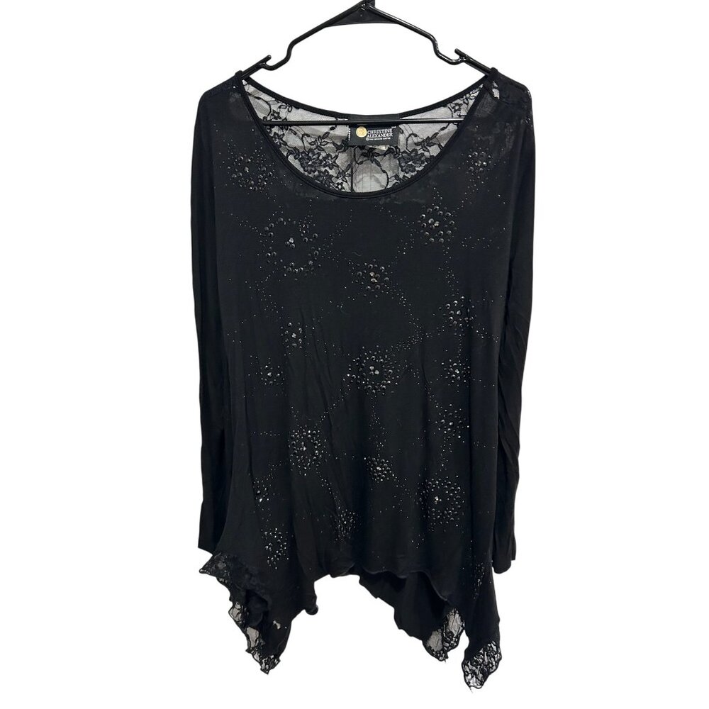 Christine Alexander Black Long Sleeve Studded Blouse Lace Hem Top Size M Chic